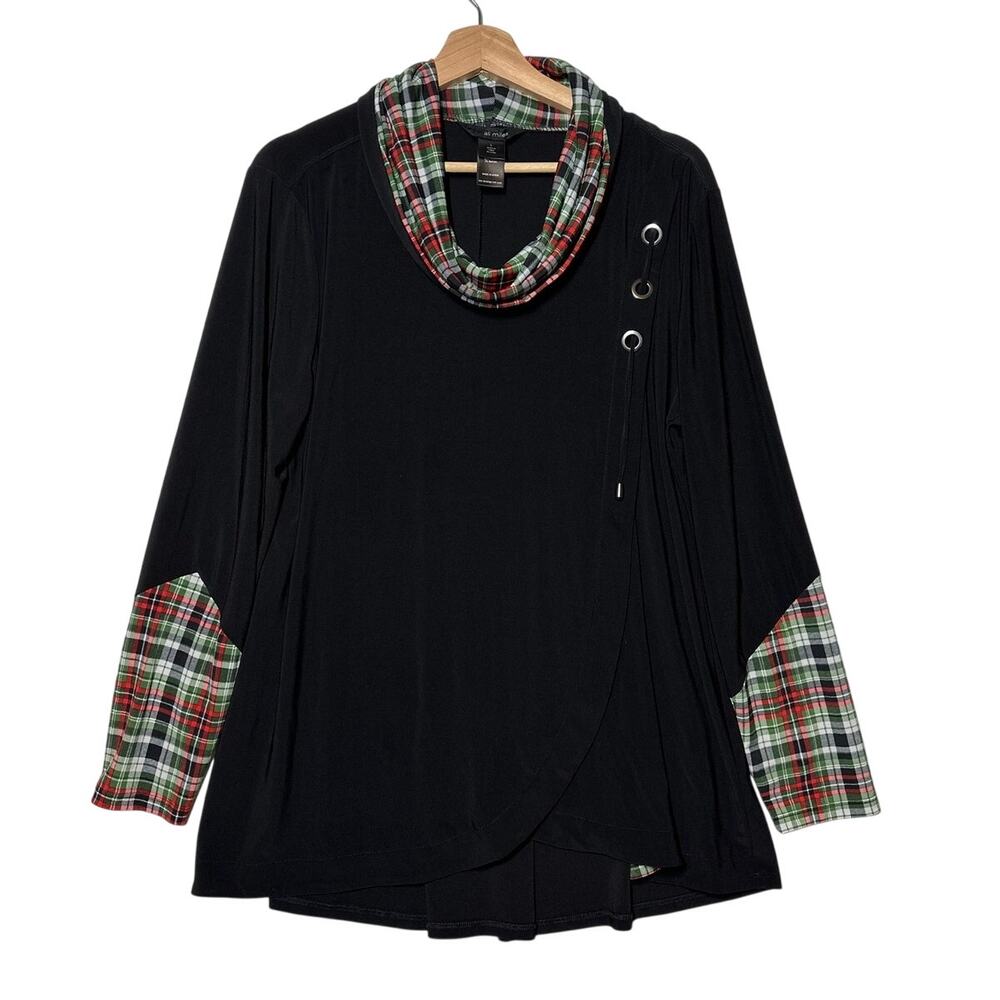 Ali Miles Black Plaid Cowl Neck Cross Front Tunic Top Sz L Holiday Arsty